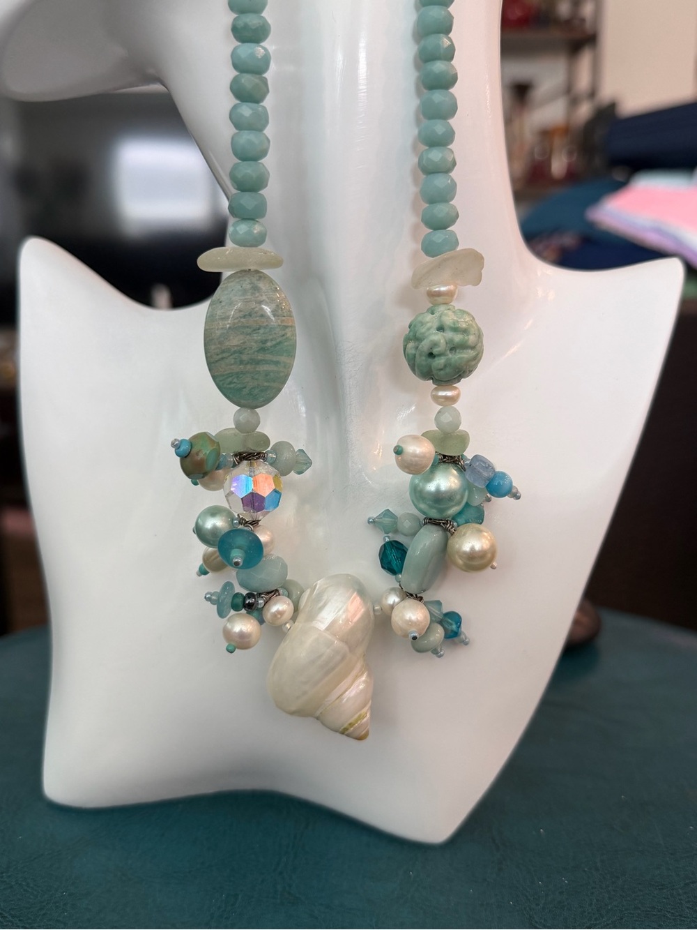 Handcrafted Artisan made 925 & Aqua Bead, Pearl & Shell Statement Necklace